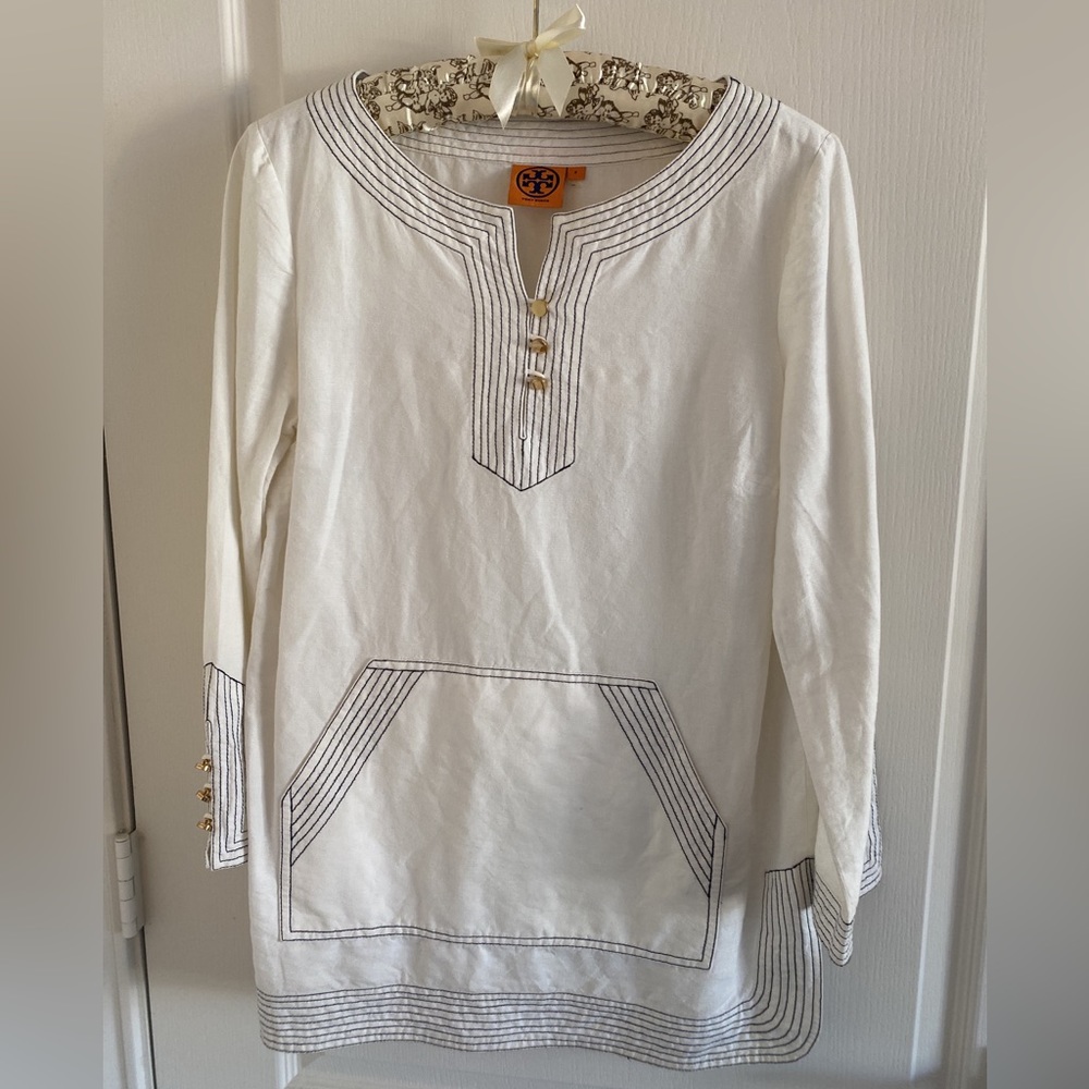 Tory Burch white/cream tunic top with gold front buttons and on sleeves. Size S